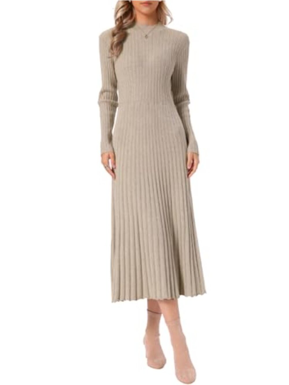 Women's Pleated Knit Sweater Dress Long Sleeve Mock Neck A-Line Midi Bodycon